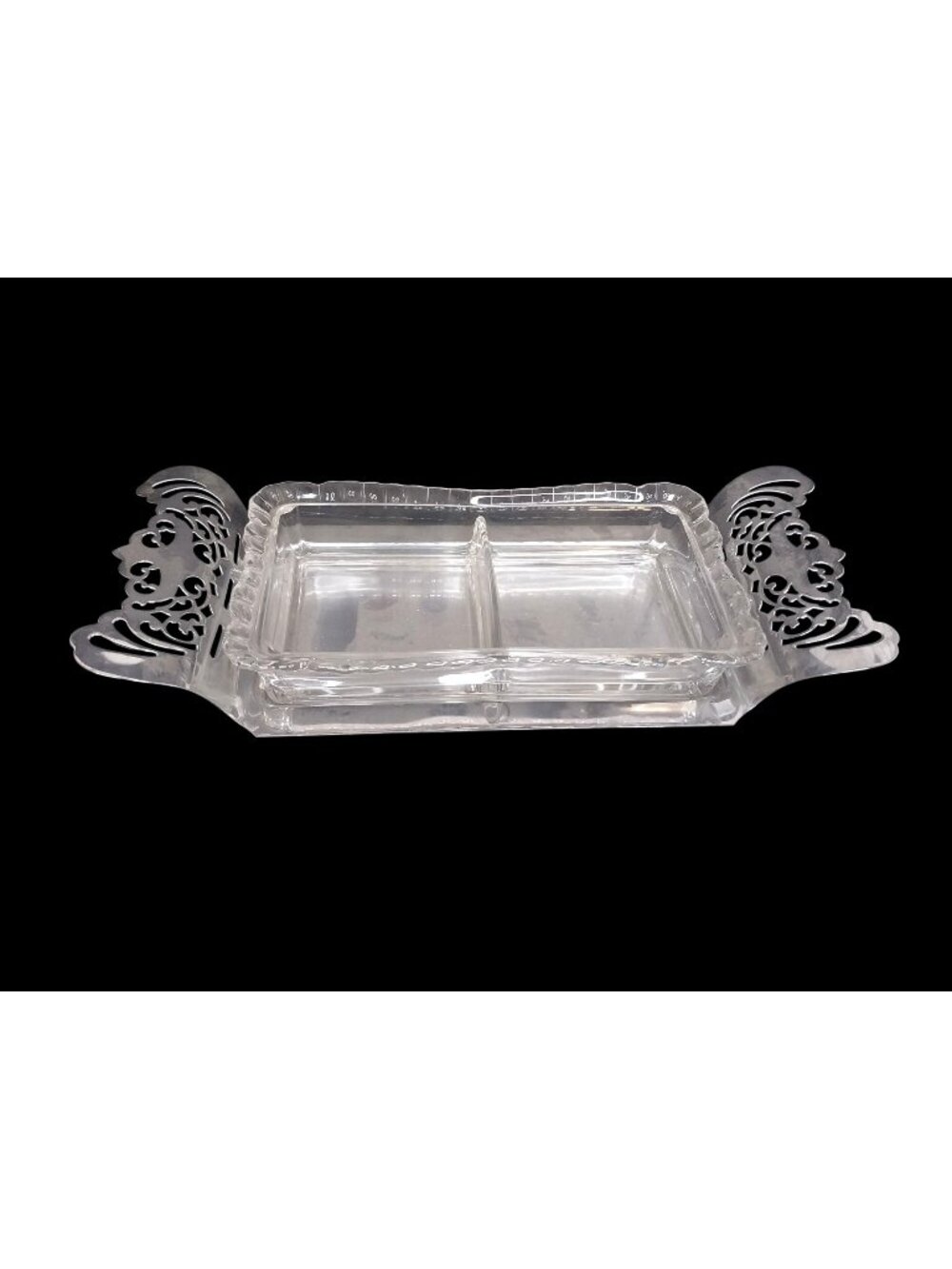 Vintage Farber Bros New York Chrome Kraft Divided Glass Dish Ornate Handles